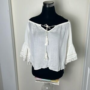 Zara Relaxed Loose Fit Off Shoulder Boho bell sleeve Top Size Small